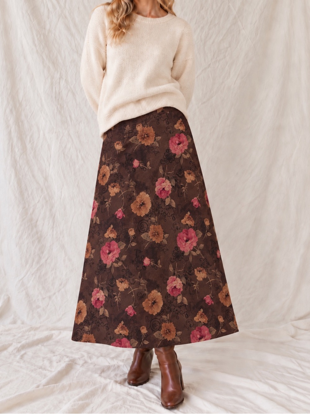 Vintage Karin Stevens Floral Midi Skirt Brown Pink Size 14 Cottagecore
